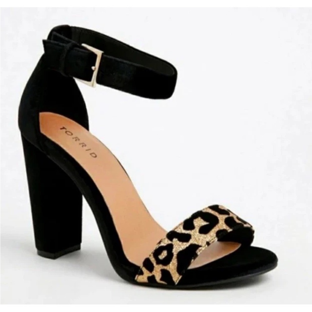 Torrid Black Velvet Glitter Leopard Ankle Strap Heels 8 Wide